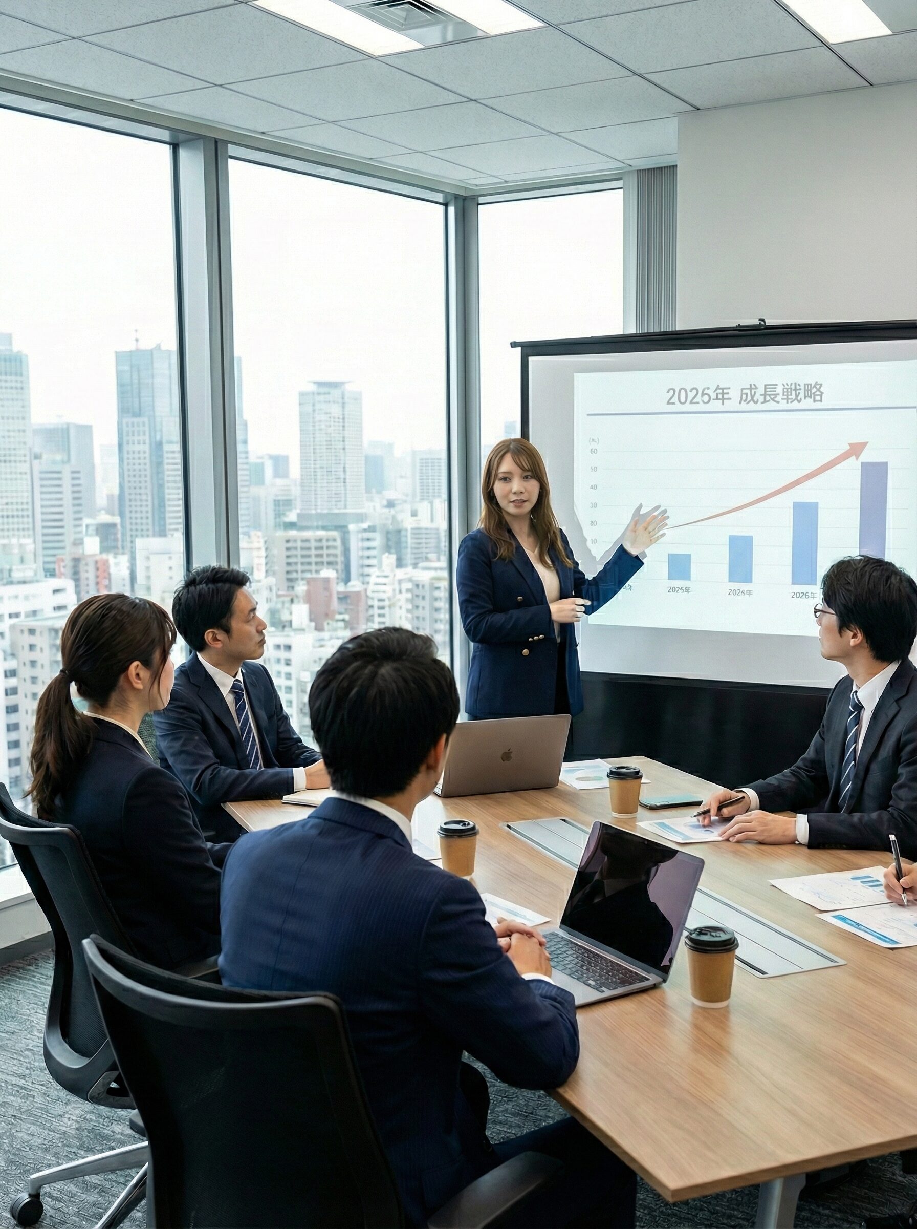 代表取締役のビジネスポートレート写真。ネイビーのスーツを着用し、清潔感のある表情で正面を向いている上半身のプロフィール写真。背景はオフィスの壁面で、落ち着いた雰囲気。