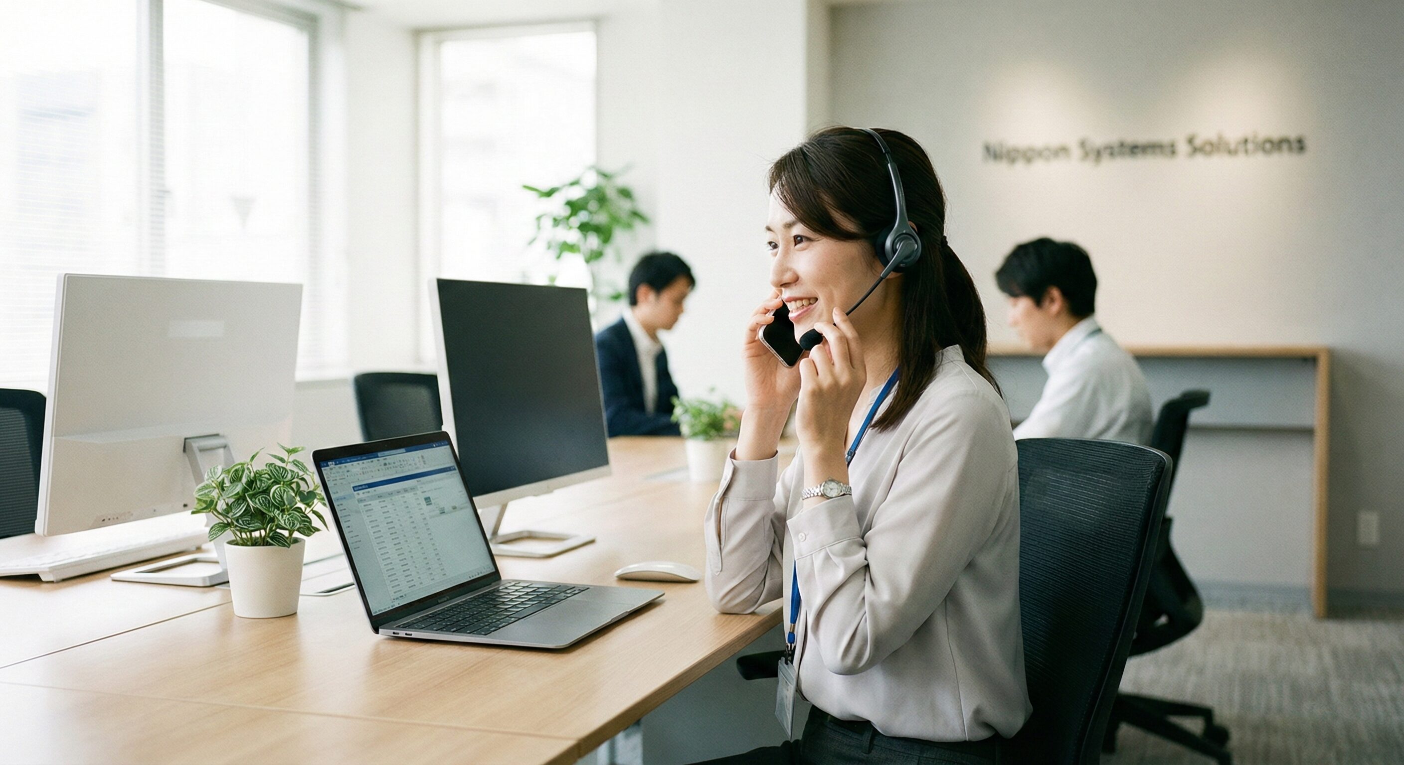 デスクでノートPCに向かいながら電話対応をしているオペレーターの写真。プロフェッショナルで落ち着いた業務環境。