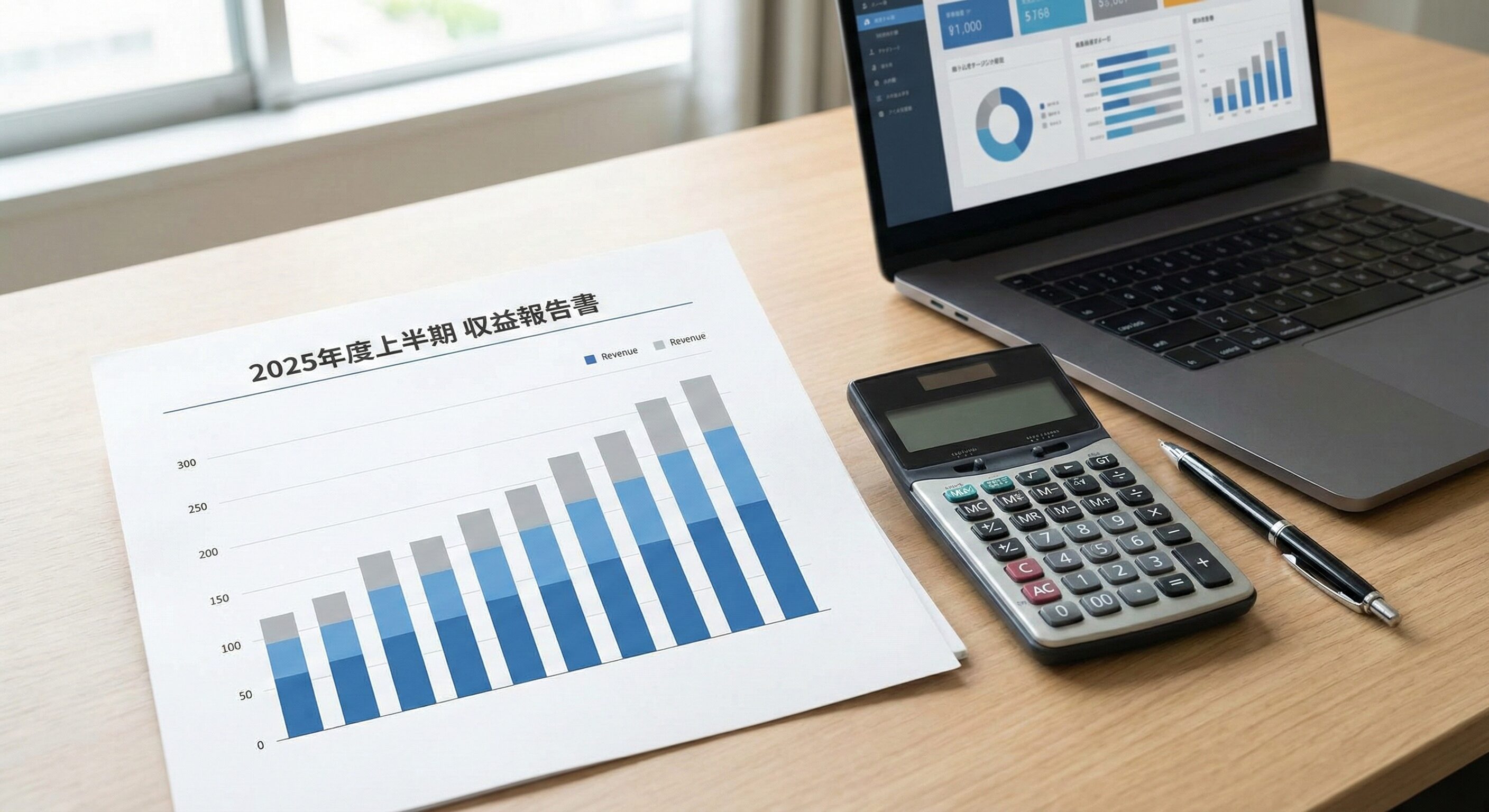 積み上げ棒グラフが表示された資料と電卓が置かれたデスクの写真。安定した収益構造を視覚的に表現する、堅実なビジネスイメージ。