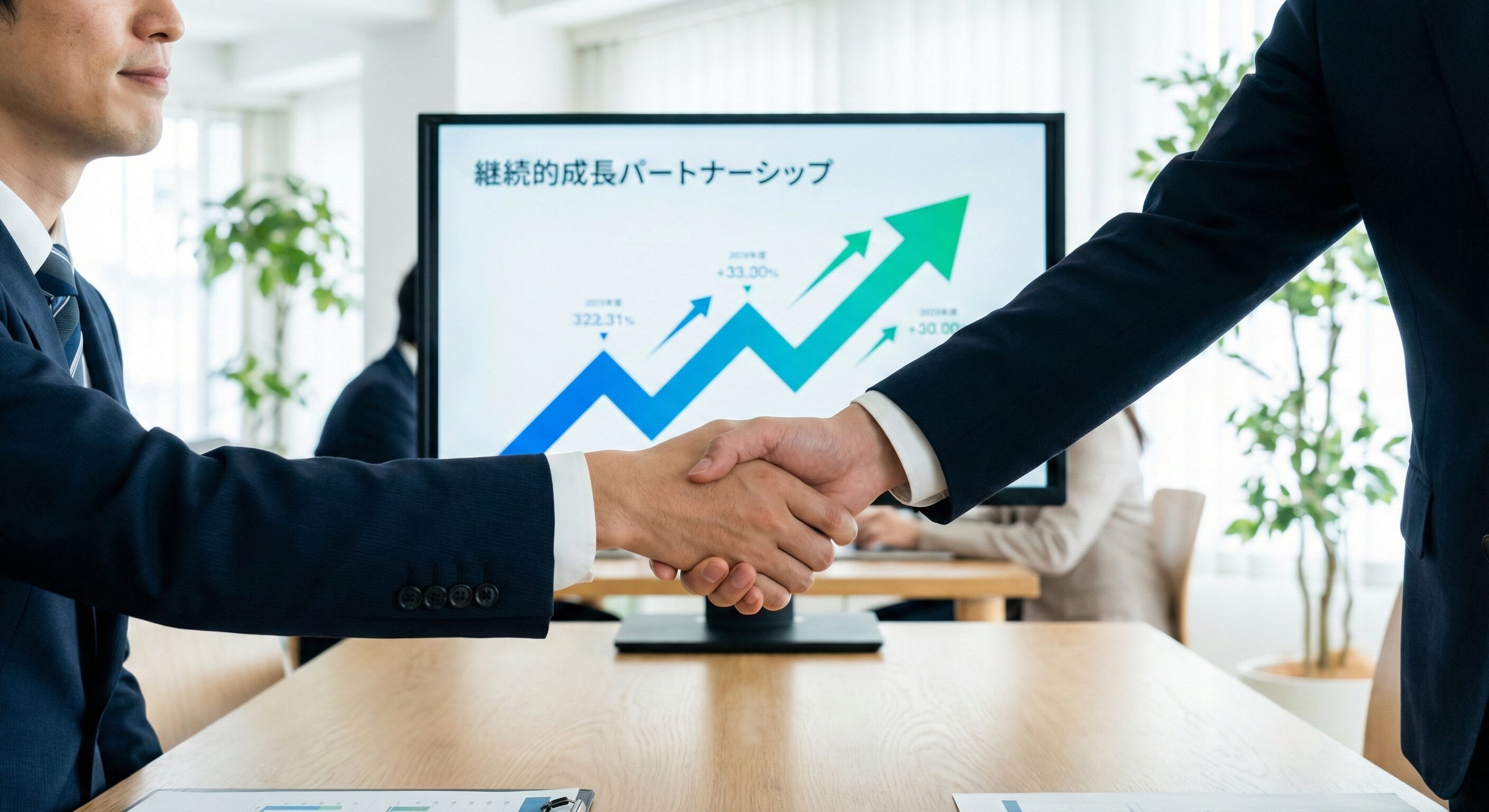 右肩上がりのグラフが描かれた画面とともに、握手を交わすビジネスパーソンの手元。継続的なパートナーシップと成長を象徴。