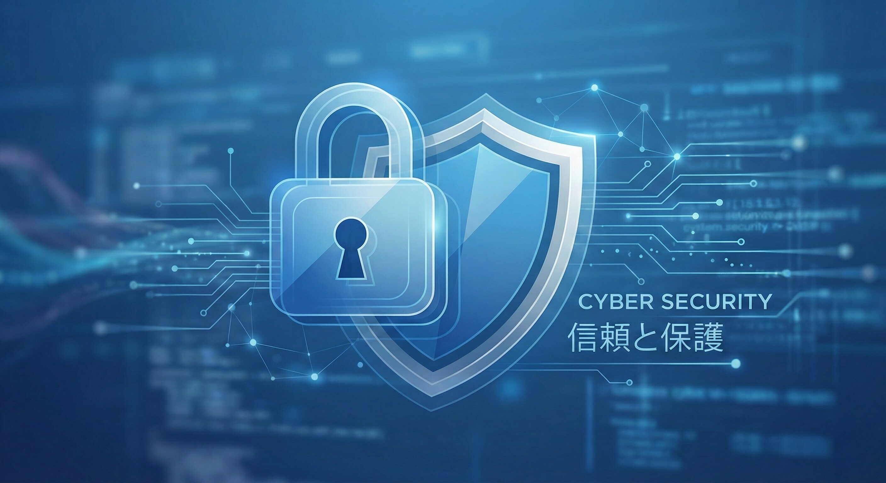 鍵のアイコンとシールドが重なった抽象的なセキュリティイメージ。青いトーンで信頼性と情報保護を表現するグラフィック。
